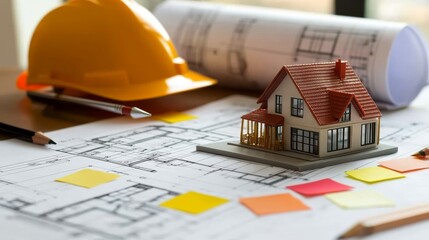 Yellow helmet with small and tiny house miniature on blueprint.