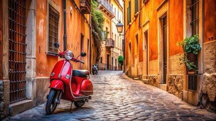 Plakat Scene of a red scooter parked on a narrow street in central Rome , scooter, red, Rome, Italy, narrow street, European