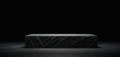 Empty room with black walls, grunge texture, dark vintage design, and stone floor with a display podium surface for product