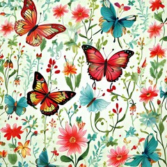 Brightly colored butterflies perched on delicate blossoms, evoking a sense of tranquility and beauty. Perfect for greeting cards, nature-themed decor, digital designs, print, wallpapers.