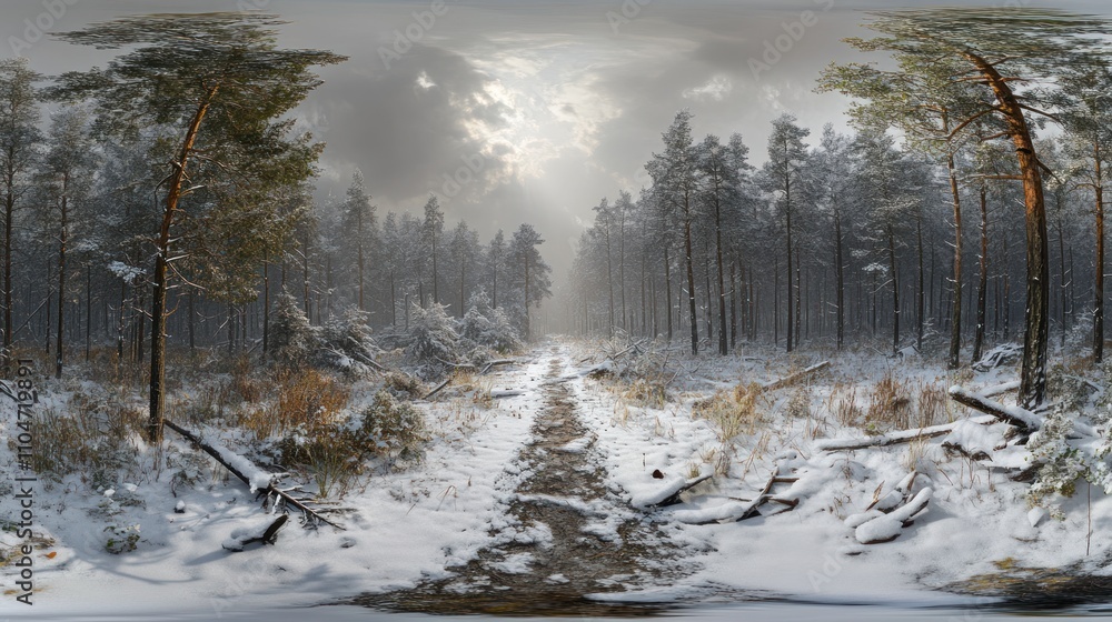 Poster a serene winter forest scene with snow-covered ground and tall trees under a cloudy sky.
