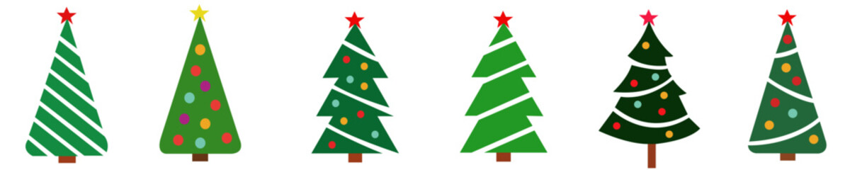Christmas trees icon set isolated on white background,Cute Christmas trees with toys and sno,New year decorations
