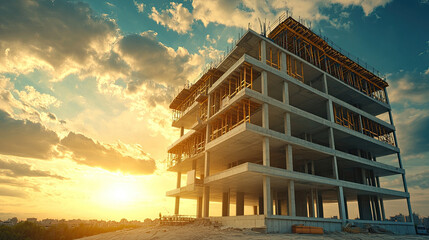 modern building under construction at sunset, showcasing its structure