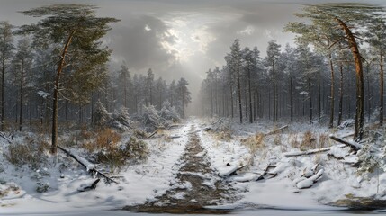 Obraz premium A serene winter forest scene with snow-covered ground and tall trees under a cloudy sky.