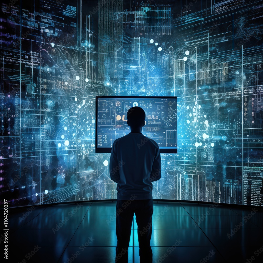 Poster person analyzing data on a futuristic screen with digital graphics