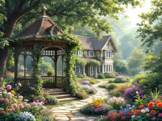 AI-generated English garden gazebo, perfect summer retreat.