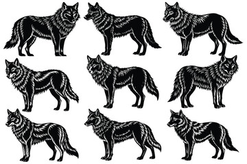 Naklejka premium wolf silhouettes, Set of wolf black silhouette vector