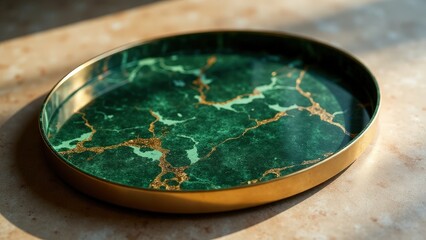 Oval marble tray in green marble with subtle gold veining and brass edges