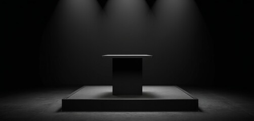 Empty room with black walls, grunge texture, dark vintage design, and stone floor with a square display podium surface for product