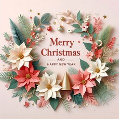 Festive Paper Flowers Christmas New Year Greeting