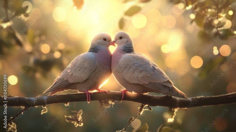 Poster Romantic Moment of Two Doves on Branch Against Soft Bokeh Background