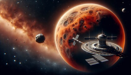 Space Station Orbiting a Red Planet Amidst Asteroids