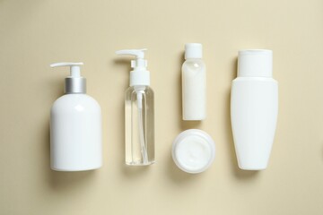Natural cosmetic products on color background, top view