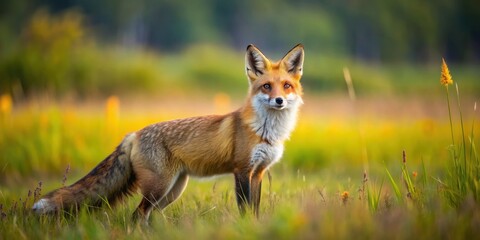 Naklejka premium Fox on the prairie in natural habitat, fox, prairie, wildlife, nature, grassland, predator, hunting, mammal