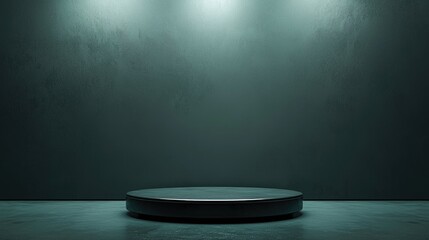 A Black Circular Pedestal in Front of a Teal Wall with Three Spotlights