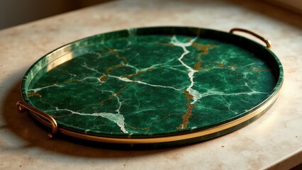 A green marble tray with golden veining and slim brass design elements