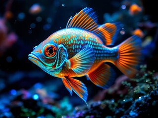 Fototapeta premium Aquarium Mandarin fish at night, illuminated by careful lighting.