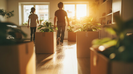 Children exploring their new home filled with plants and sunlight