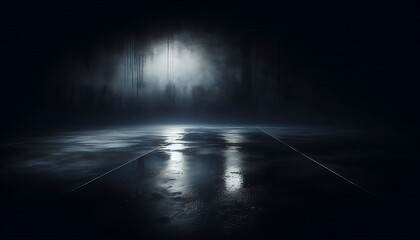 Dark Wet Ground Reflecting Light In A Foggy Place