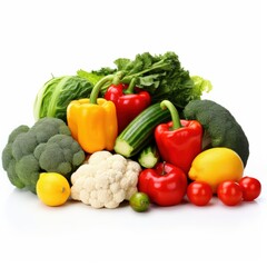 fresh assortment of colorful vegetables and fruits on a white background