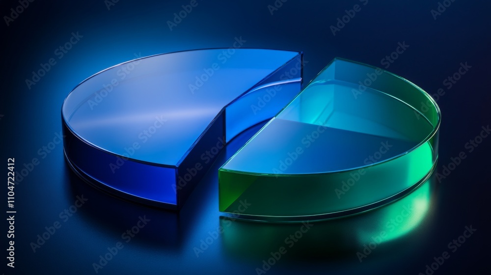 Poster glowing transparent pie chart segments on blue gradient background