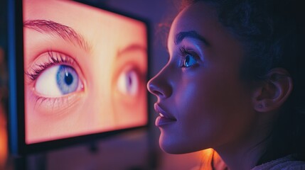 A woman practicing eye exercises with a digital screen showing eye health tips, illuminated by soft, ambient lighting in a modern studio setting.