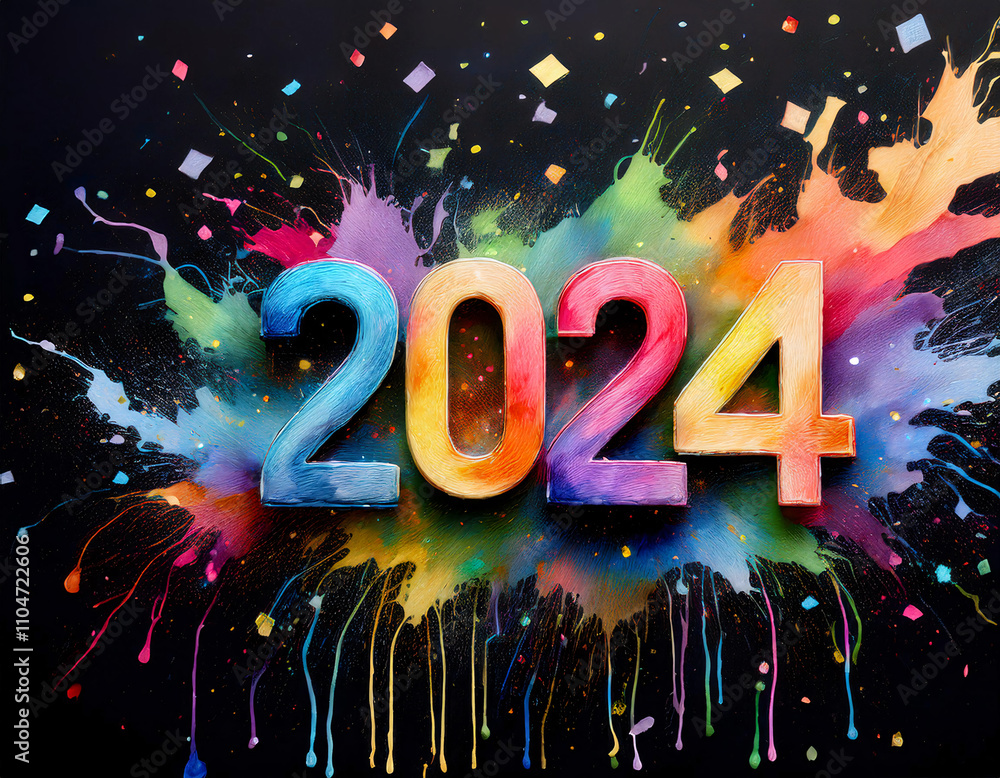 Poster colorful 2024 text with vibrant splashes and confetti on a dark background