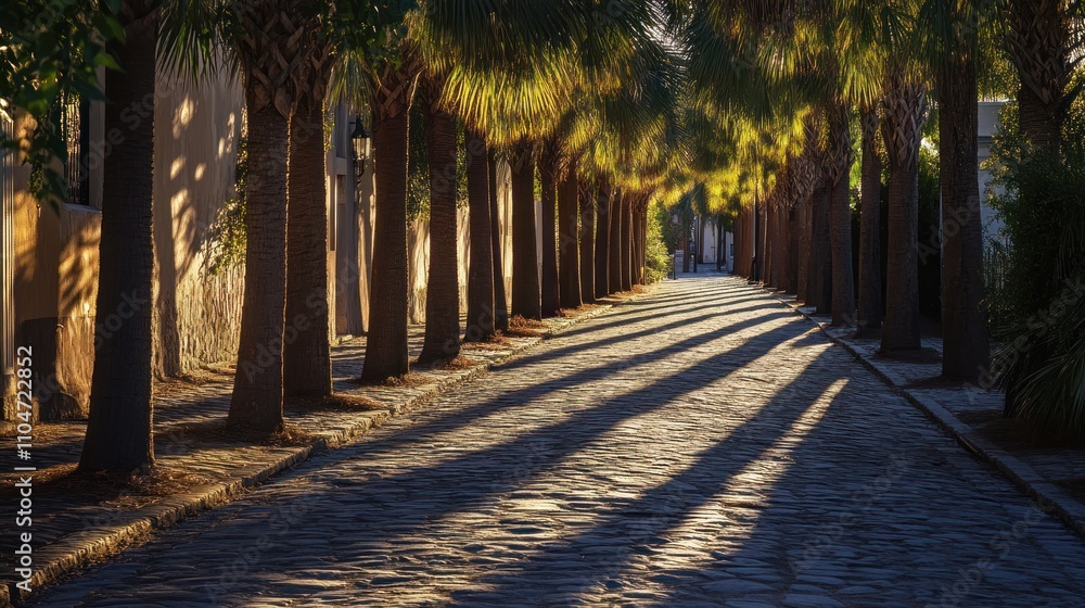 Aufkleber a serene pathway lined with palm trees casting long shadows in the evening light.