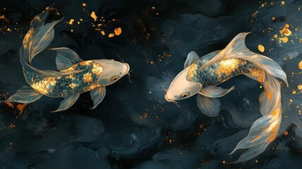 Koi Fish Swimming in Artistic Dark Background with Golden Highlights
