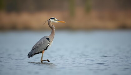 Fototapeta premium Graceful heron poised on tranquil waters