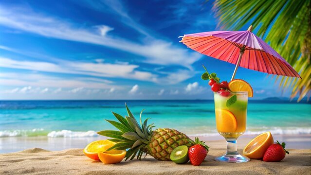 Vibrant beach scene with a tropical cocktail, fresh fruit, colorful umbrella, and sunny atmosphere, beach, tropical, cocktail, fruit