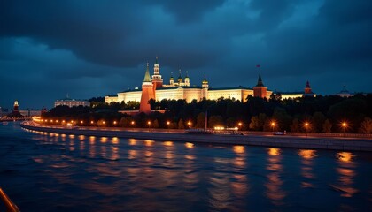 Obraz premium Glowing grandeur A majestic palace by the river at dusk