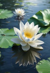 Majestic white lotus flower in vibrant bloom on water surface, aquatic life, serene setting, white petals, water garden