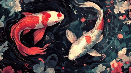 Colorful Koi Fish Swimming in Artistic Floral Background
