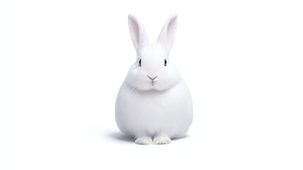 Obraz premium A fluffy white rabbit sits calmly against a plain background, showcasing its soft fur and adorable features.