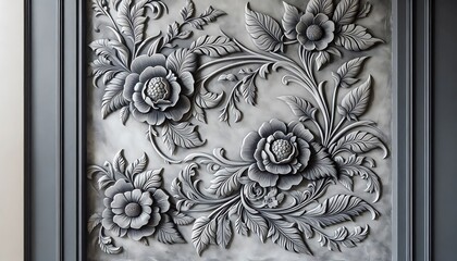 Intricate Grey Floral Carving On Dark Grey Paneling