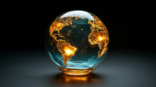 vibrant glowing glass globe showcasing the Americas with brilliant hues, symbolizing global connectivity, innovation, and the illumination of knowledge in a modern world of endless possibilities