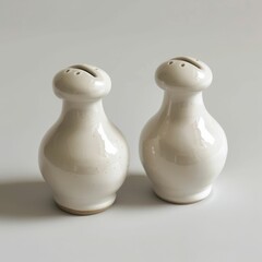 Two cute, white ceramic salt and pepper shakers with a rounded shape, featuring small holes on top for dispensing seasoning.