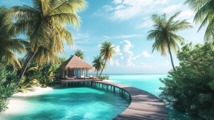 Fototapeta premium Tropical paradise with a wooden walkway leading to a thatched-roof hut by the turquoise sea.