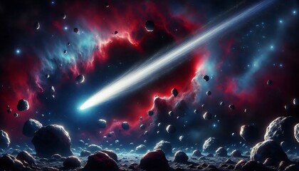 Comet Streaking Through Asteroid Field Near Nebula