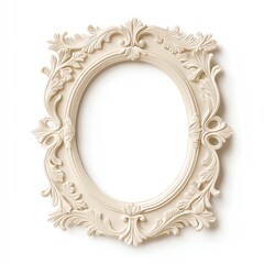 An ornate vintage-style picture frame with intricate detailing, designed to hold images or artwork, featuring a classic oval shape in a soft cream color.