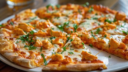 Buffalo chicken pizza slices served on a platter