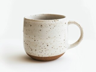 A minimalist ceramic mug with a speckled white surface and a brown base, perfect for enjoying hot beverages.