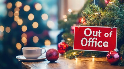 A festive setting featuring a "Out of Office" sign, surrounded by Christmas decorations, a cup, and warm lights, creating a cozy holiday atmosphere.