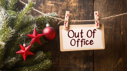 A festive "Out of Office" sign hangs on a rustic background, adorned with Christmas decorations like stars and ornaments, signaling holiday time away from work.