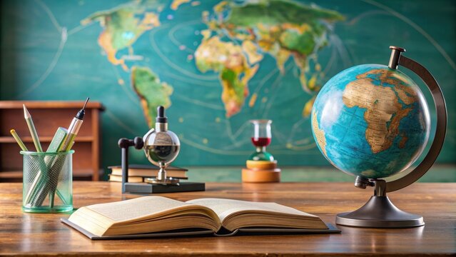 Science Classroom Still Life with Globe and Book A close-up shot of a classroom desk with a globe