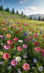 Vibrant wild flowers blooming on a green meadow, petals, outdoors, colorful, grass