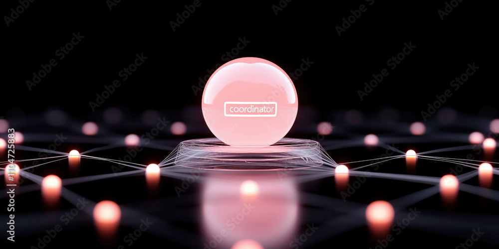 Poster 3d render of glowing orb labeled coordinator on network background, symbolizing connectivity