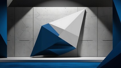Abstract Blue and White Geometric Sculpture Against Concrete Wall
