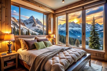 Cozy Winter Retreat: A Bedroom with Scenic Mountain Views and Plush Bedding